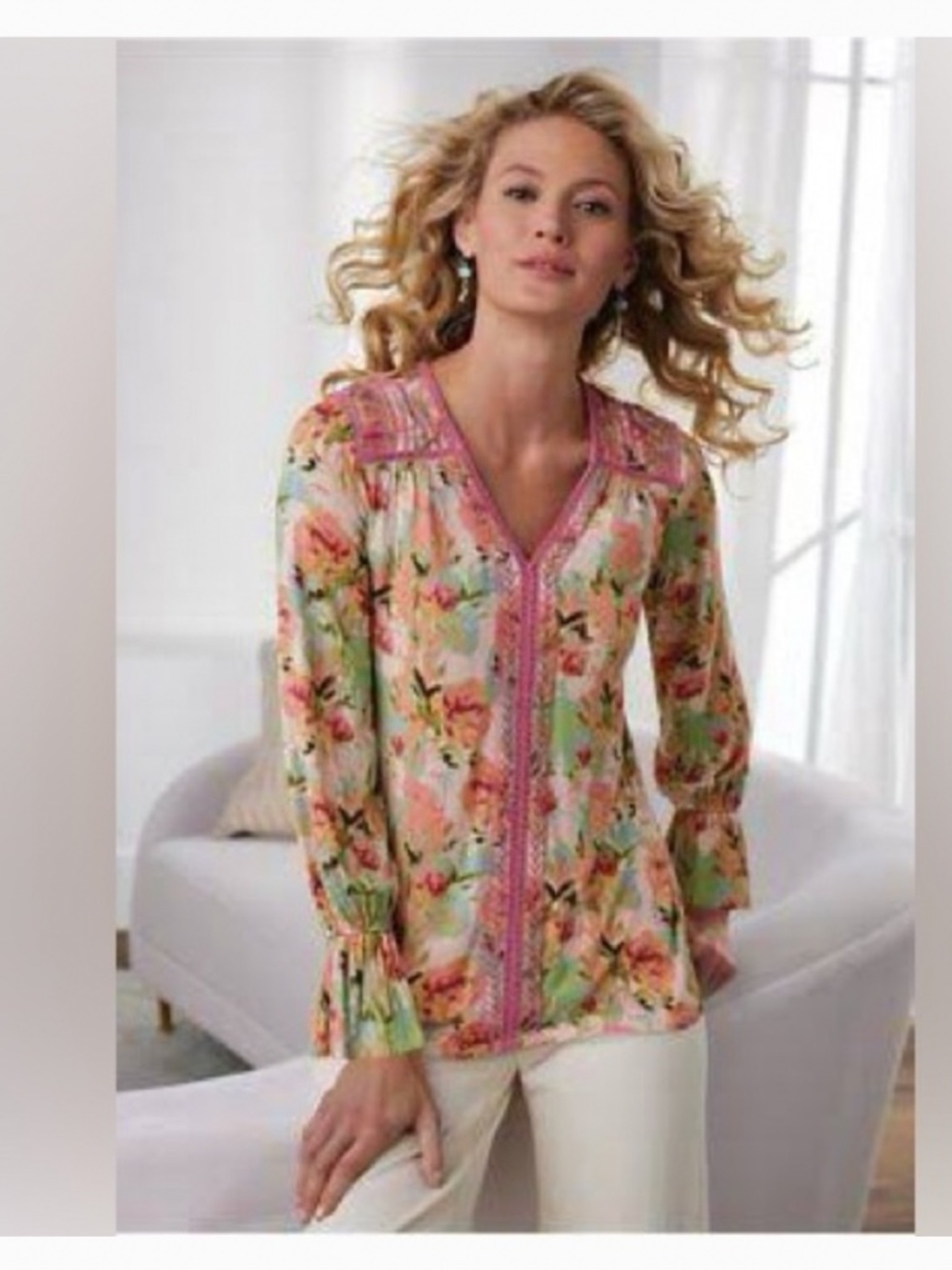Soft Surroundings Essex Floral Ruffle Sleeve Blouse Sz M